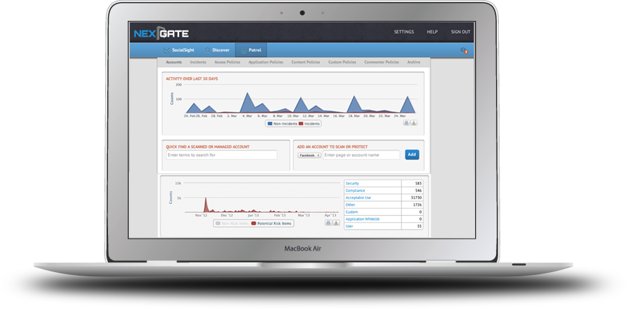 Nexgate security dashboard on laptop
